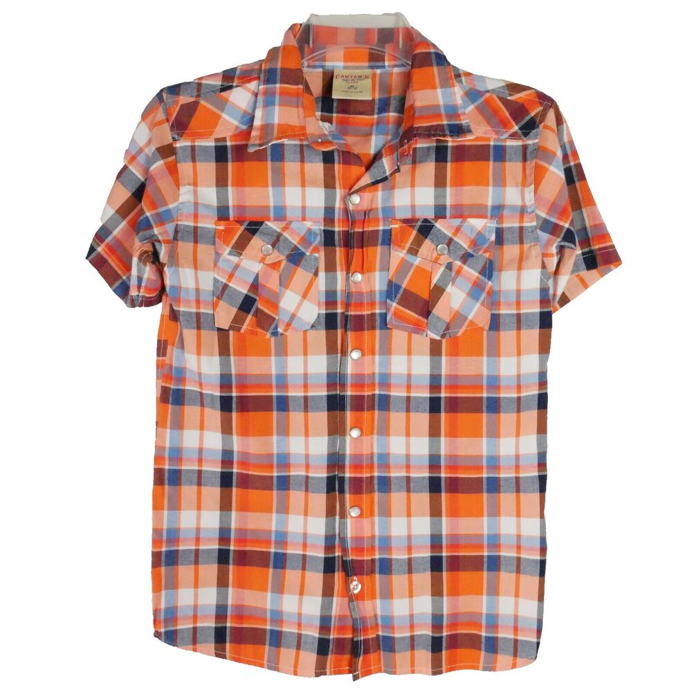 Carter’s Boy Size M 10-12 Plaid Short Sleeve Orange Pearl Button Shirt
